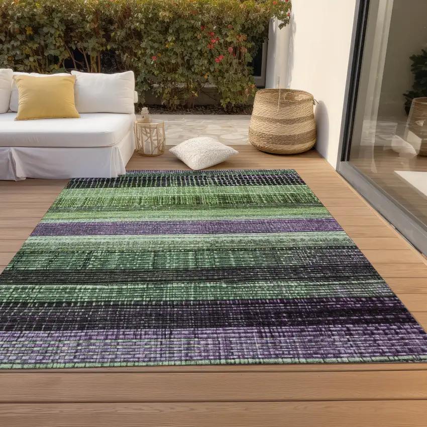Purple And Green Striped Washable Indoor Outdoor Area Rug Photo 7
