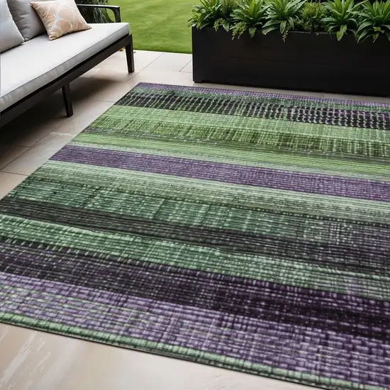 Purple And Green Striped Washable Indoor Outdoor Area Rug Photo 2