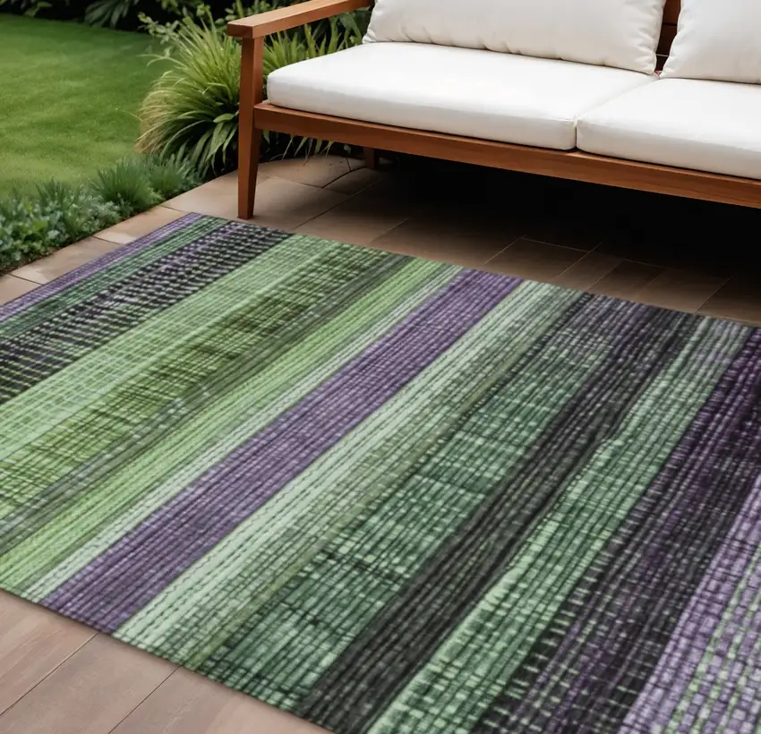 Purple And Green Striped Washable Indoor Outdoor Area Rug Photo 2
