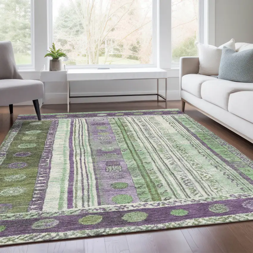 Purple And Green Striped Washable Indoor Outdoor Area Rug Photo 7