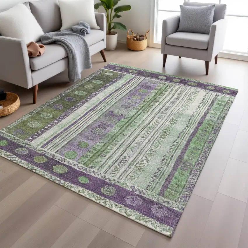 Purple And Green Striped Washable Indoor Outdoor Area Rug Photo 6