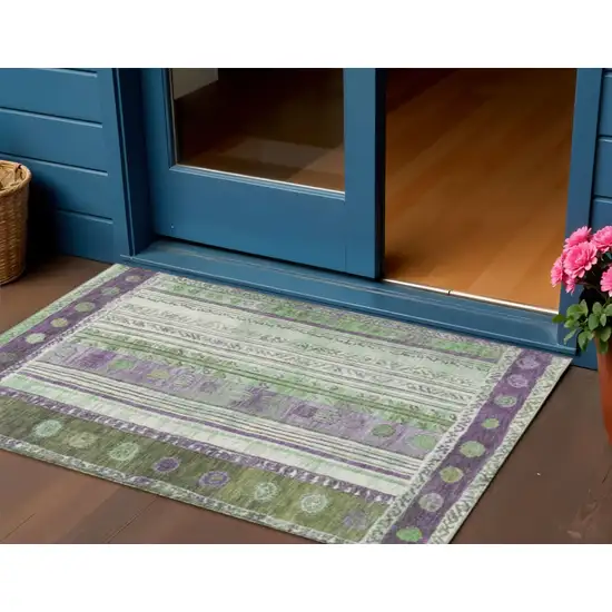 Purple And Green Striped Washable Indoor Outdoor Area Rug Photo 2