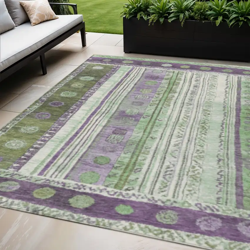 Purple And Green Striped Washable Indoor Outdoor Area Rug Photo 2