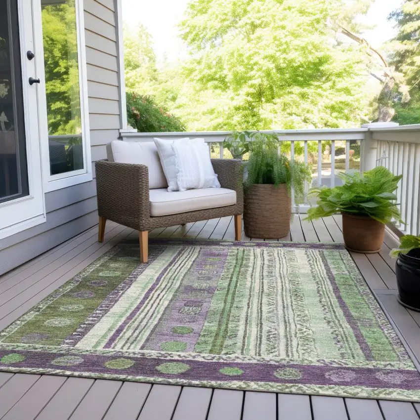 Purple And Green Striped Washable Indoor Outdoor Area Rug Photo 8