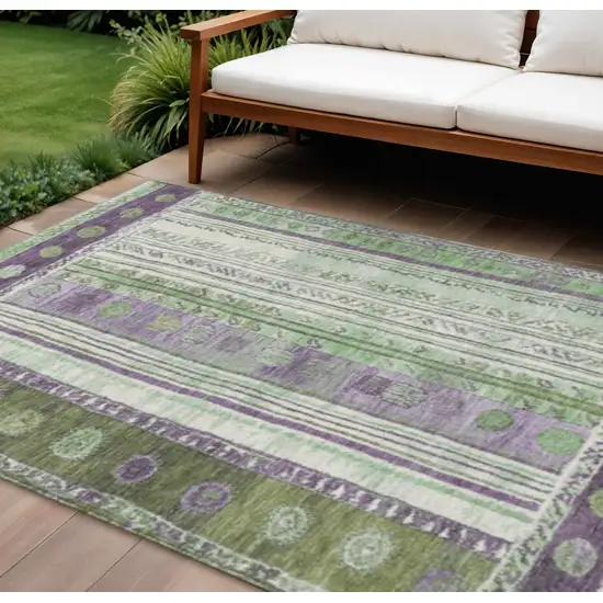 Purple And Green Striped Washable Indoor Outdoor Area Rug Photo 2