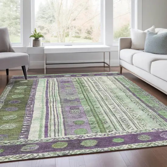 Purple And Green Striped Washable Indoor Outdoor Area Rug Photo 7