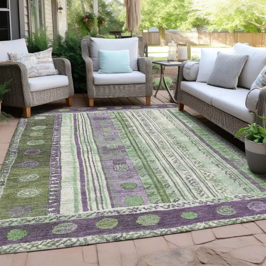 Purple And Green Striped Washable Indoor Outdoor Area Rug Photo 5