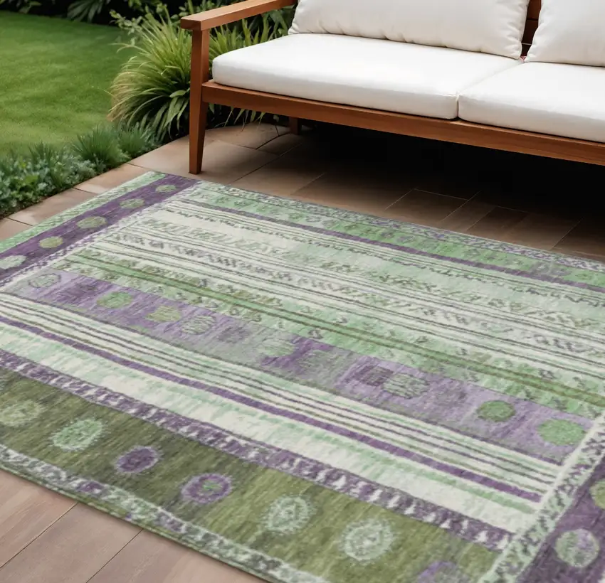 Purple And Green Striped Washable Indoor Outdoor Area Rug Photo 2