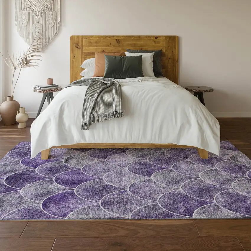 Purple And Ivory Abstract Geometric Washable Area Rug With UV Protection Photo 5