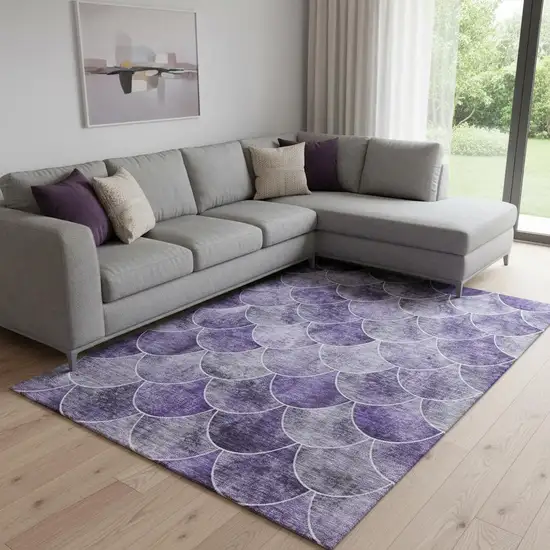 Purple And Ivory Abstract Geometric Washable Area Rug With UV Protection Photo 1