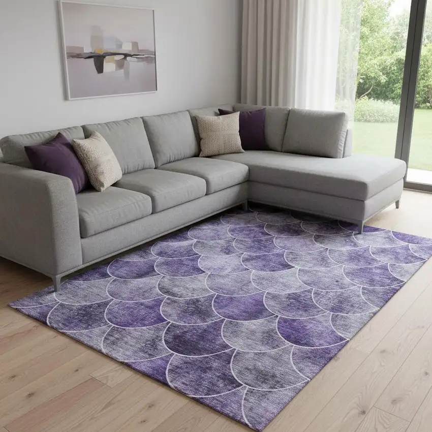 Purple And Ivory Abstract Geometric Washable Area Rug With UV Protection Photo 1