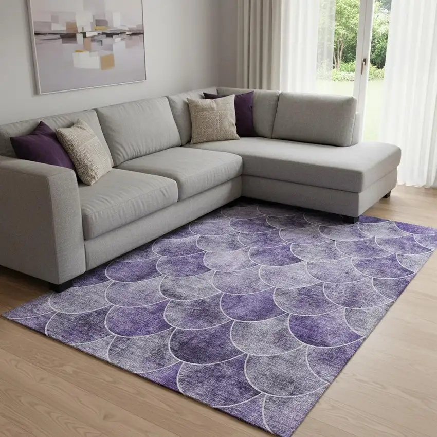 Purple And Ivory Abstract Geometric Washable Area Rug With UV Protection Photo 1