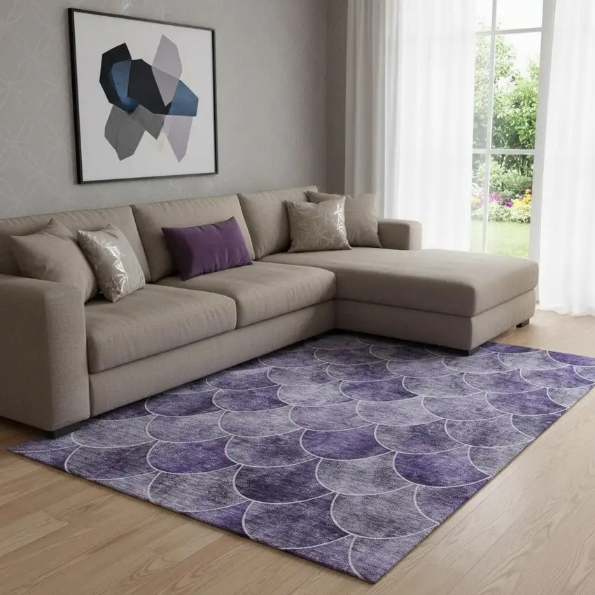 Purple And Ivory Abstract Geometric Washable Area Rug With UV Protection Photo 1