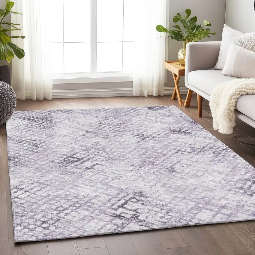 Purple And Ivory Abstract Geometric Washable Area Rug With UV Protection Photo 5
