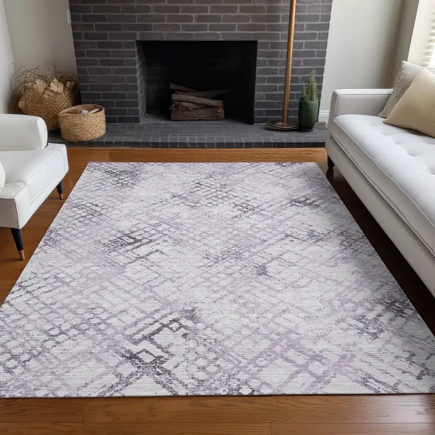 Purple And Ivory Abstract Geometric Washable Area Rug With UV Protection Photo 4