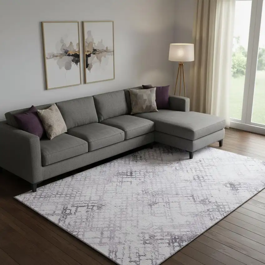 Purple And Ivory Abstract Geometric Washable Area Rug With UV Protection Photo 1