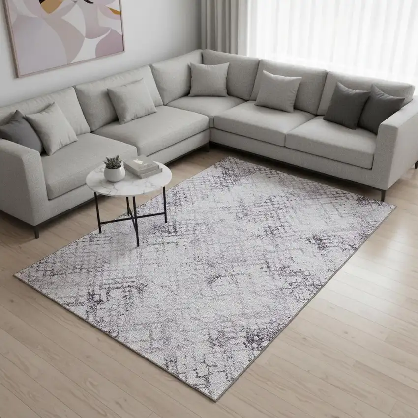 Purple And Ivory Abstract Geometric Washable Area Rug With UV Protection Photo 2