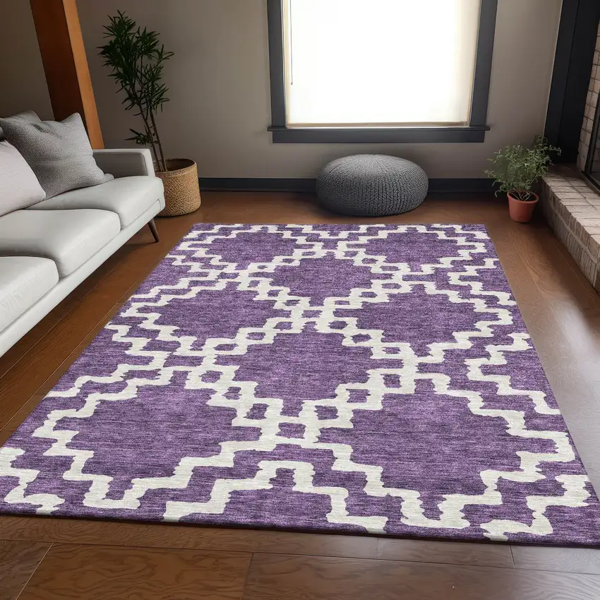 Purple And Ivory Abstract Geometric Washable Area Rug With UV Protection Photo 6