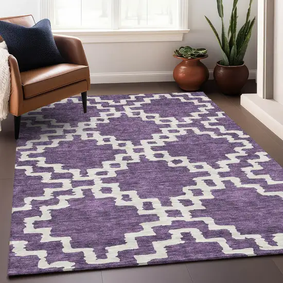 Purple And Ivory Abstract Geometric Washable Area Rug With UV Protection Photo 5