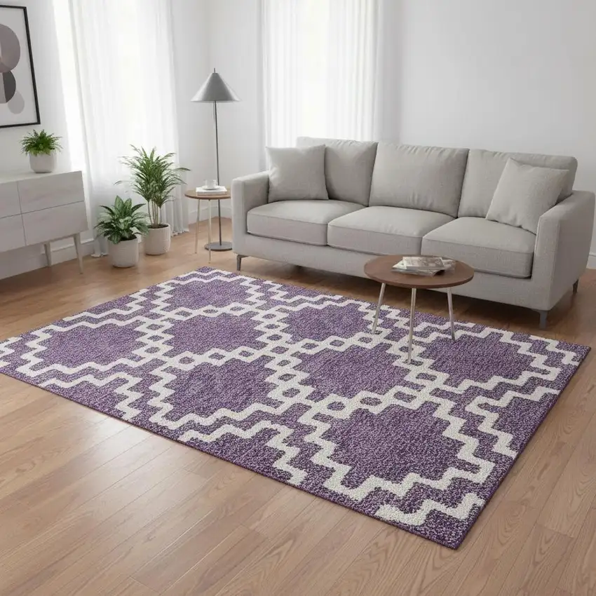 Purple And Ivory Abstract Geometric Washable Area Rug With UV Protection Photo 2