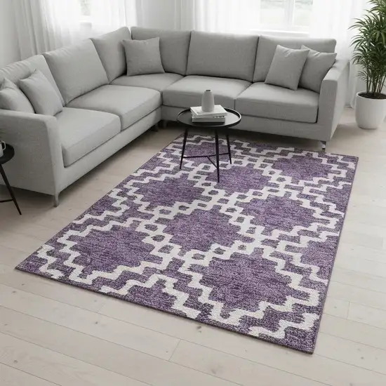 Purple And Ivory Abstract Geometric Washable Area Rug With UV Protection Photo 2