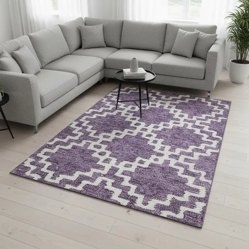 Purple And Ivory Abstract Geometric Washable Area Rug With UV Protection Photo 2