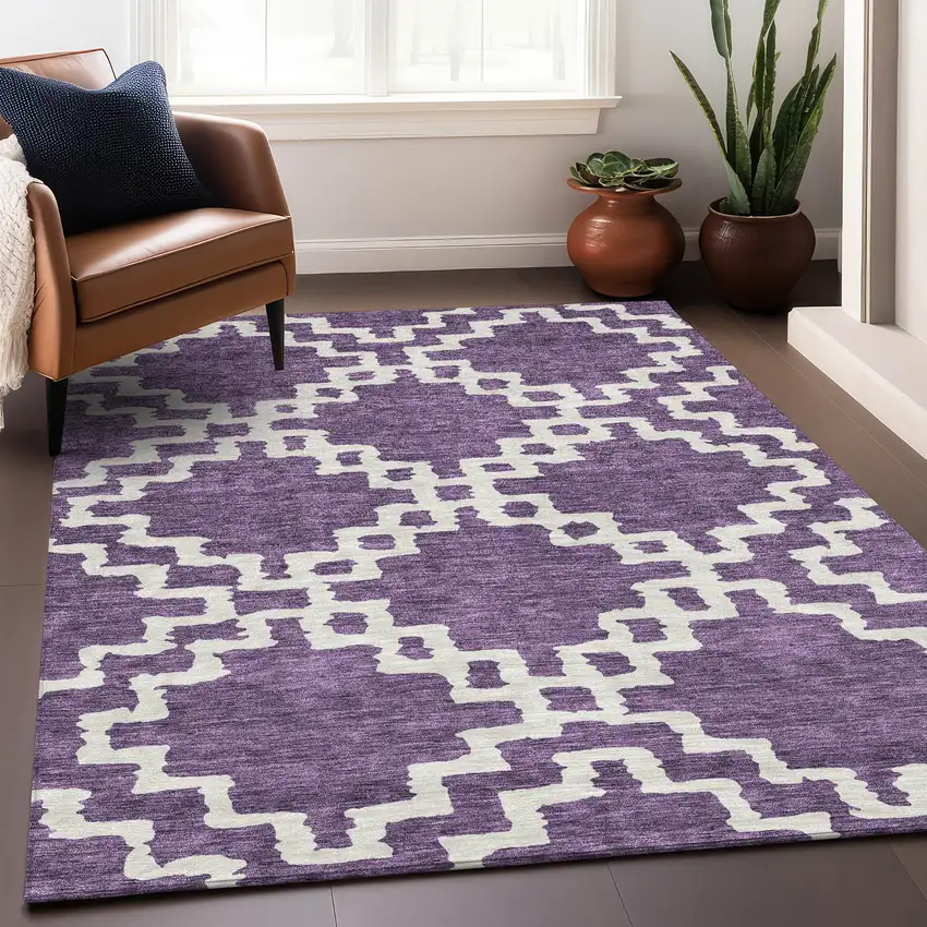 Purple And Ivory Abstract Geometric Washable Area Rug With UV Protection Photo 5