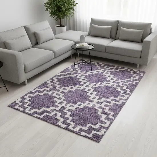Purple And Ivory Abstract Geometric Washable Area Rug With UV Protection Photo 2