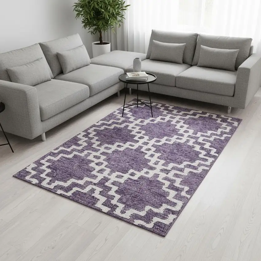 Purple And Ivory Abstract Geometric Washable Area Rug With UV Protection Photo 2