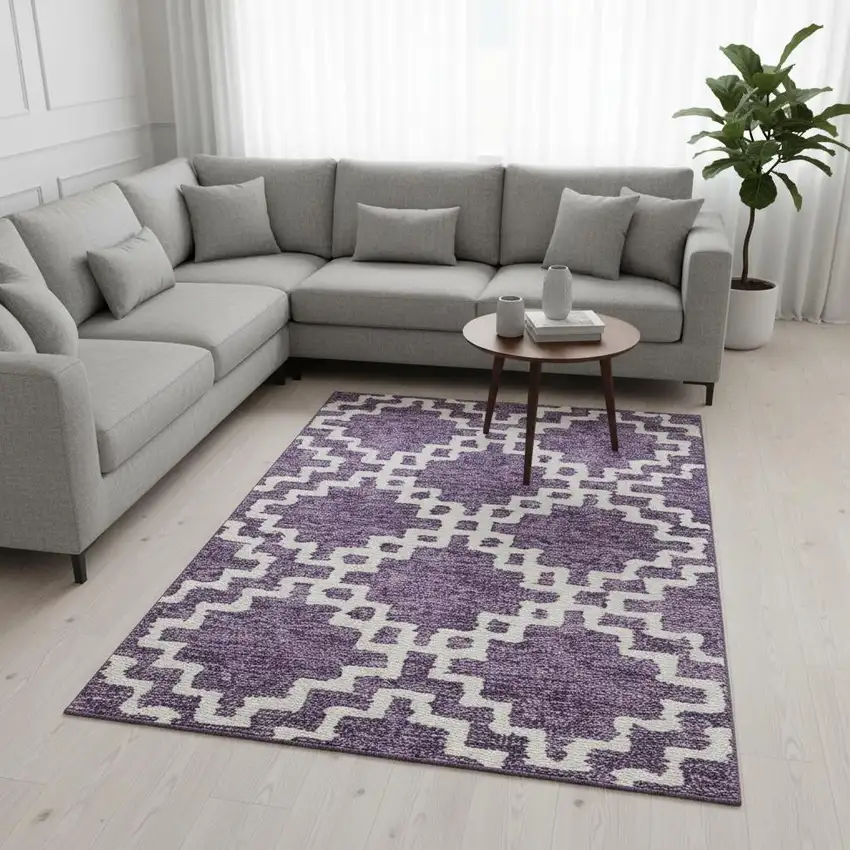 Purple And Ivory Abstract Geometric Washable Area Rug With UV Protection Photo 2