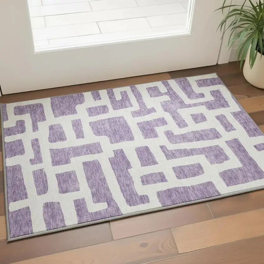 Purple And Ivory Abstract Geometric Washable Area Rug With UV Protection Photo 2