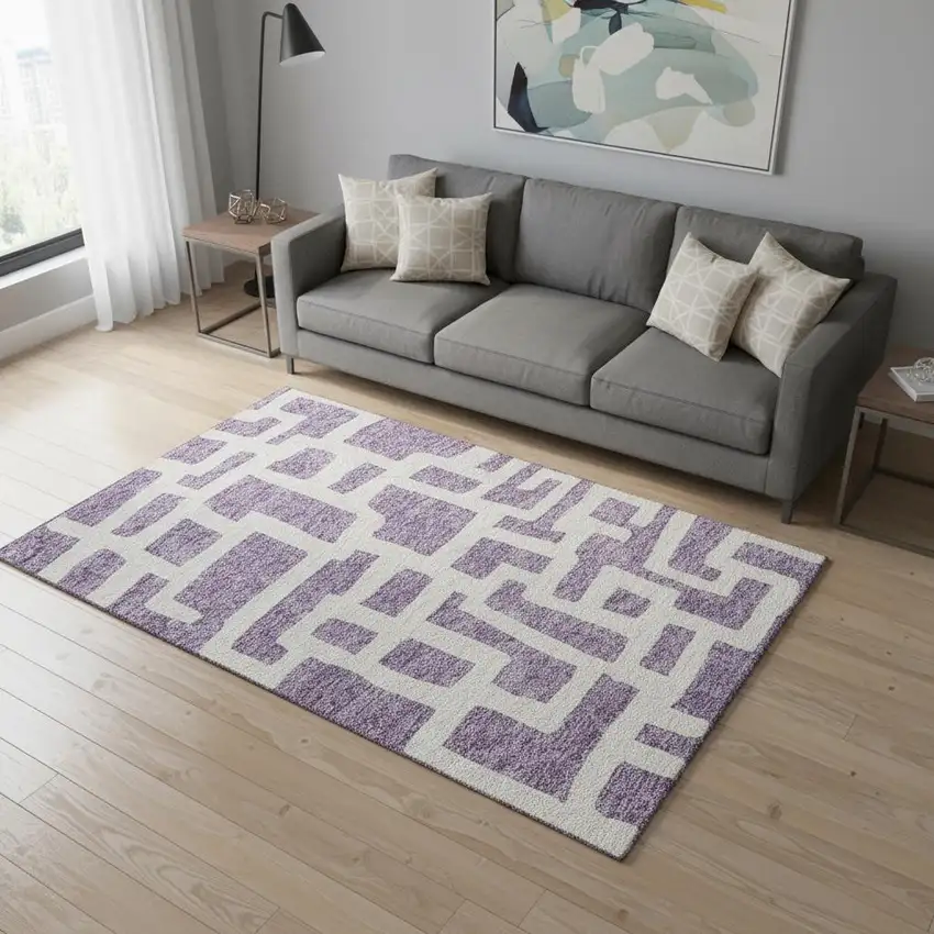 Purple And Ivory Abstract Geometric Washable Area Rug With UV Protection Photo 2