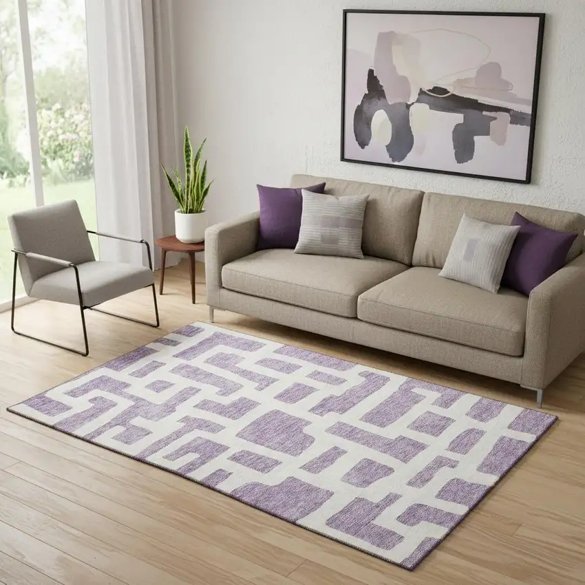 Purple And Ivory Abstract Geometric Washable Area Rug With UV Protection Photo 1