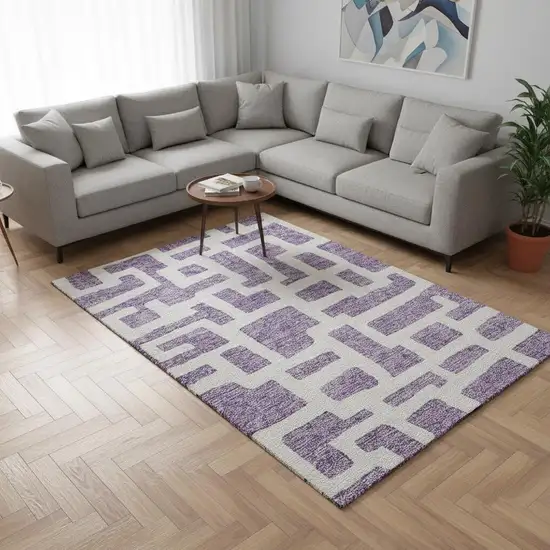 Purple And Ivory Abstract Geometric Washable Area Rug With UV Protection Photo 2