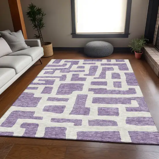 Purple And Ivory Abstract Geometric Washable Area Rug With UV Protection Photo 5