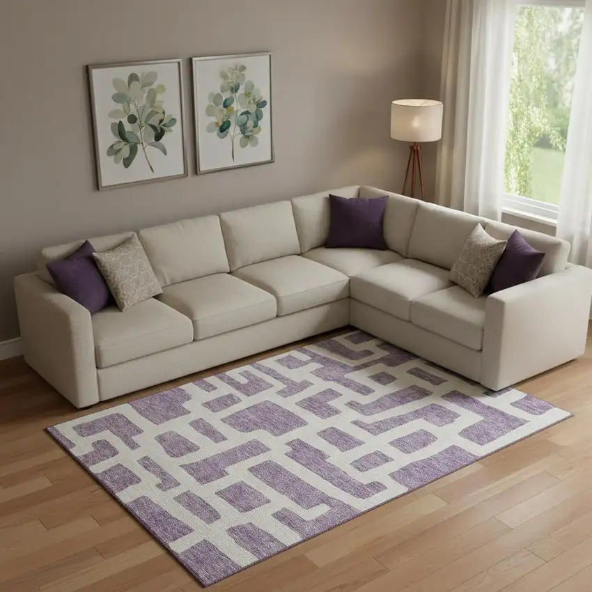 Purple And Ivory Abstract Geometric Washable Area Rug With UV Protection Photo 1