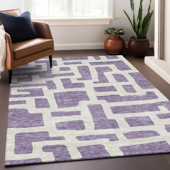 Purple And Ivory Abstract Geometric Washable Area Rug With UV Protection Photo 4