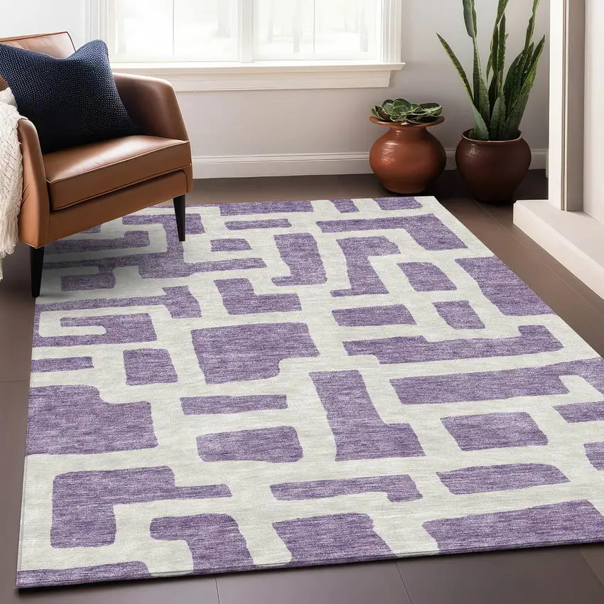 Purple And Ivory Abstract Geometric Washable Area Rug With UV Protection Photo 4