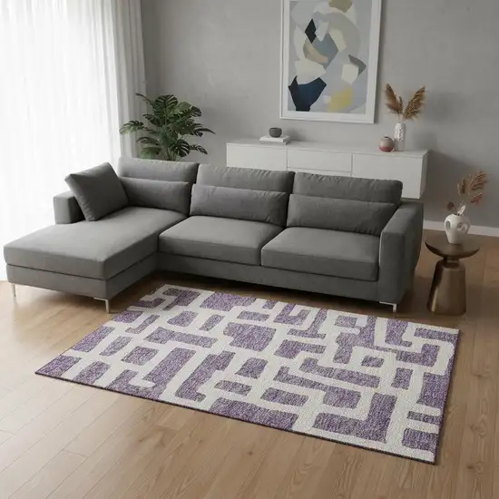 Purple And Ivory Abstract Geometric Washable Area Rug With UV Protection Photo 2