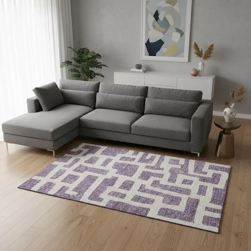 Purple And Ivory Abstract Geometric Washable Area Rug With UV Protection Photo 2