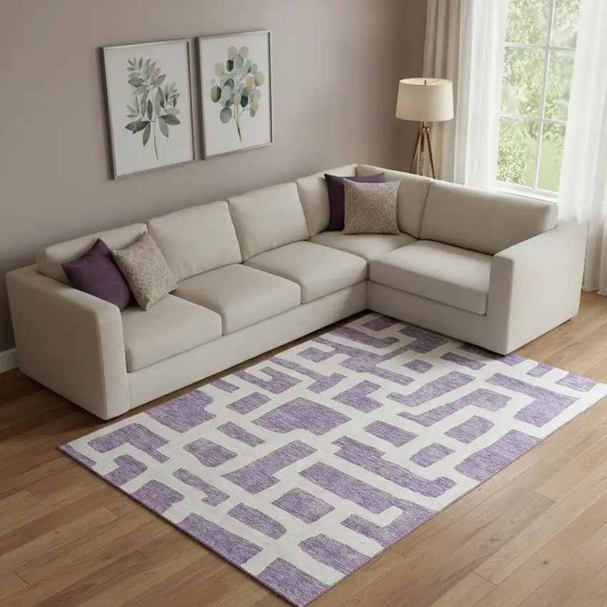 Purple And Ivory Abstract Geometric Washable Area Rug With UV Protection Photo 1