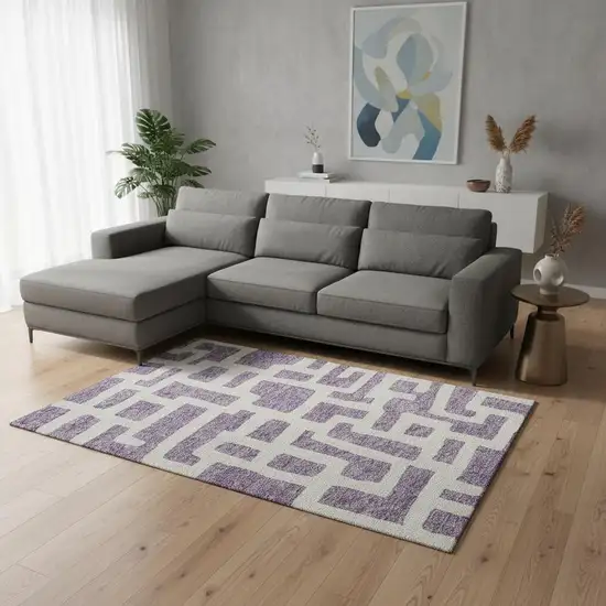 Purple And Ivory Abstract Geometric Washable Area Rug With UV Protection Photo 2