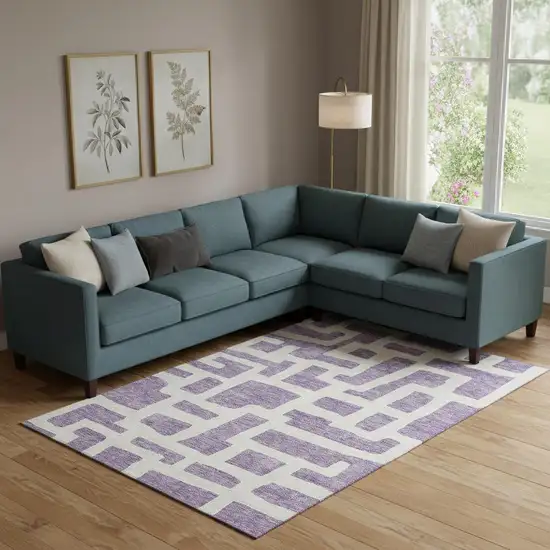 Purple And Ivory Abstract Geometric Washable Area Rug With UV Protection Photo 1