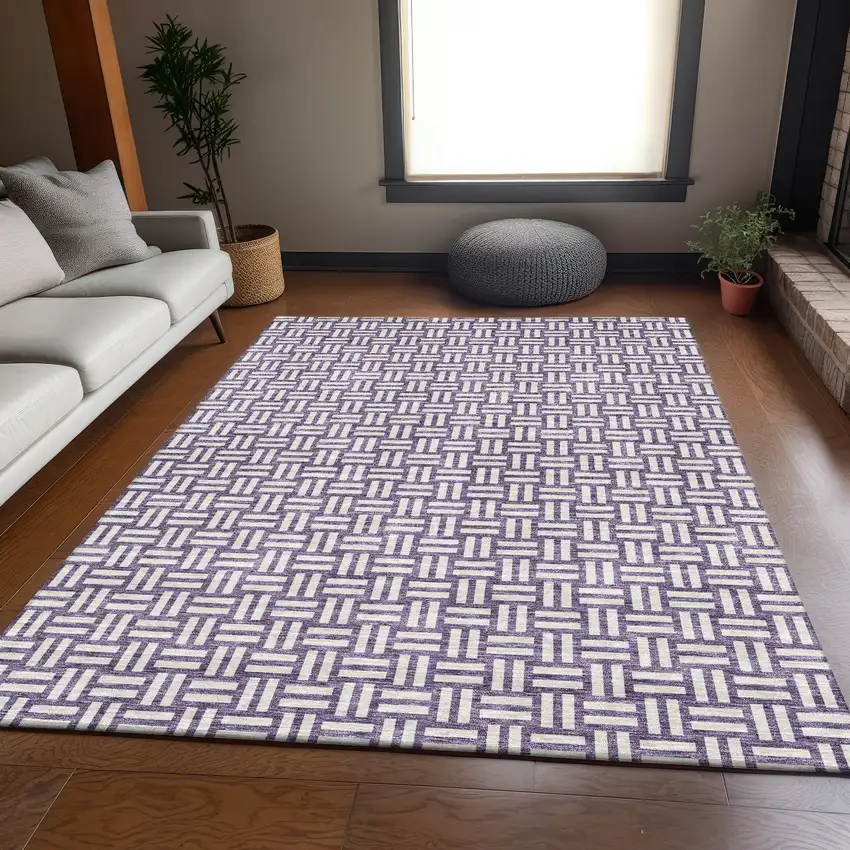 Purple And Ivory Abstract Geometric Washable Area Rug With UV Protection Photo 3