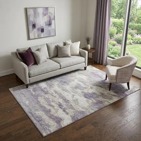 Purple And Ivory Abstract Washable Area Rug With UV Protection Photo 1