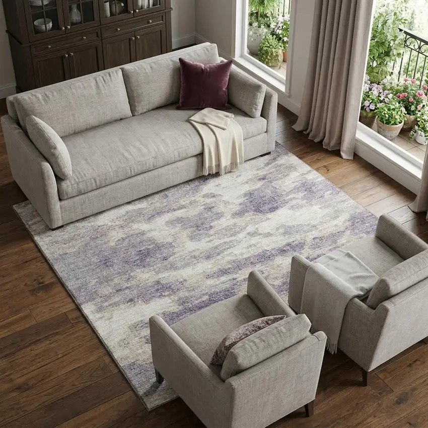 Purple And Ivory Abstract Washable Area Rug With UV Protection Photo 1