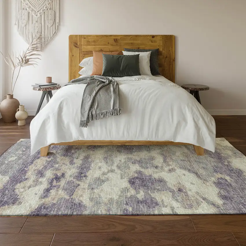 Purple And Ivory Abstract Washable Area Rug With UV Protection Photo 7