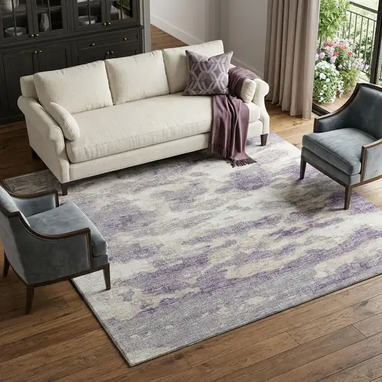 Purple And Ivory Abstract Washable Area Rug With UV Protection Photo 1
