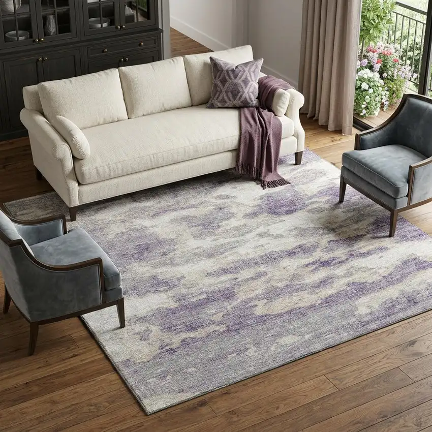 Purple And Ivory Abstract Washable Area Rug With UV Protection Photo 1
