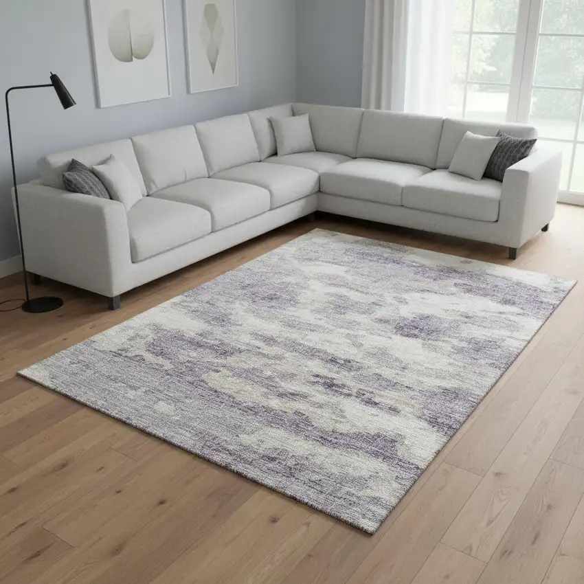Purple And Ivory Abstract Washable Area Rug With UV Protection Photo 1